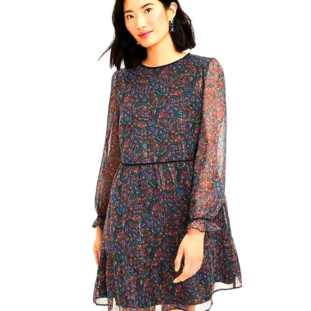 Loft Dress  Shimmer Paisley Velvet Trim Swing Dress Sz. Medium Red Green